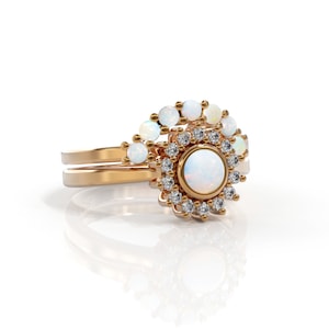 Unique Set Opal engagement ring opal and diamond halo ring October birthstone 14k opal ring gold 2mm Matching Wedding Band Women