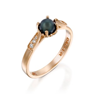 pearl engagement ring rose gold, Pearl Wedding Ring, pearl vintage ring, Black Pearl Ring, Diamond Pearl Gold Ring, June birthstone ring