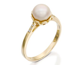 pearl engagement ring, 14k gold pearl ring, White Pearl Ring, Diamond Pearl Gold Ring, Pearl Wedding Ring, pearl bridal ring sets