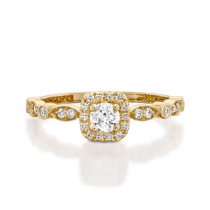 Anillo de compromiso con diamantes, anillo de compromiso vintage con halo, anillo de bodas con milgrain de diamantes, marquesa, talla cojín, anillo de 14k, cumpleaños