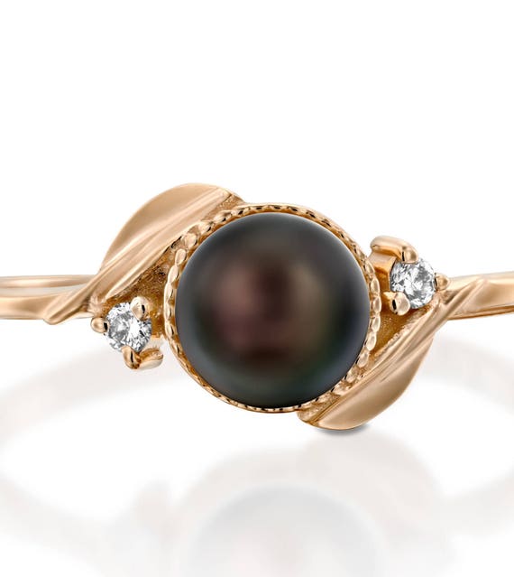 Black Pearl Engagement Ring Pearl Wedding Ring 14k Gold Pearl