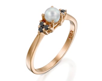 14k Rose Gold Engagement Ring, black diamond ring, Pearl Engagement Ring, Dainty Pearl Ring, Pearl Wedding Ring, June birthstone ring, gift