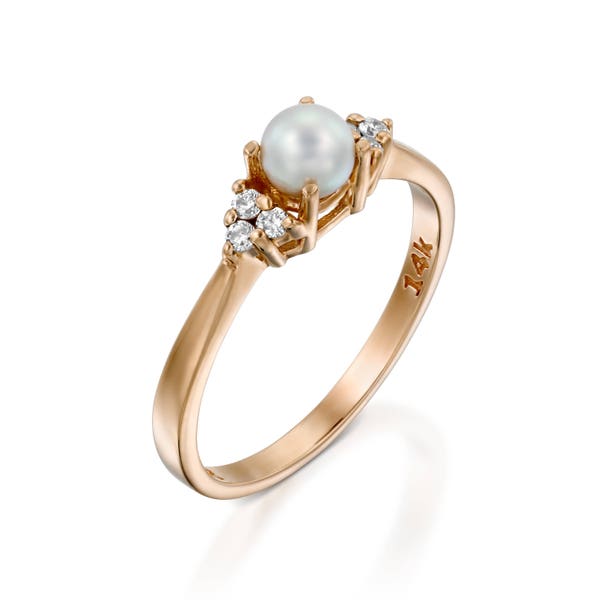 pearl and diamond ring Pearl Engagement Ring 14k Rose Gold  3 stone diamond side Dainty Pearl Ring 4mm white pearl