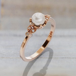 Pearl Engagement Ring Rose Gold Dainty Ring Unique Diamond Ring Minimalist pearl ring  2mm band