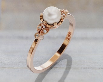 Pearl Engagement Ring Rose Gold Dainty Ring Unique Diamond Ring Minimalist pearl ring  2mm band