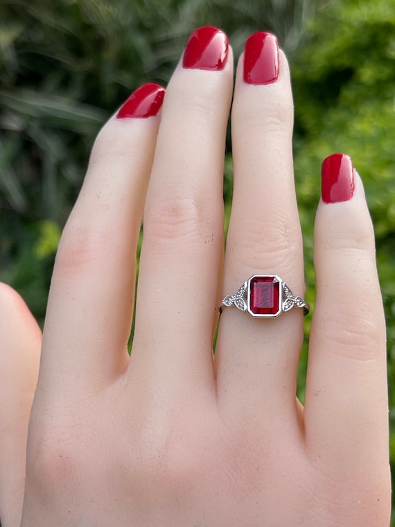 Emerald Cut Engagement Rings Lab Grown Ruby 8x6mm 2ct Antique