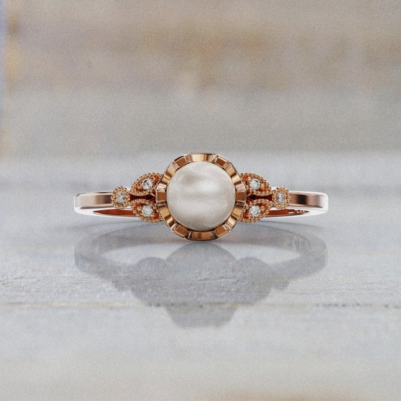 Pearl Engagement Ring Rose Gold Dainty Ring Unique Diamond Ring