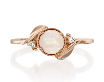 Opal diamond ring, white opal engagement ring, October birthstone ring, gold opal ring engagement ring and wedding band, 14k gold opal ring