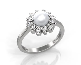 pearl engagement ring white gold 12 marquise halo ring 0.11 carat diamond 5mm White Freshwater Pearl