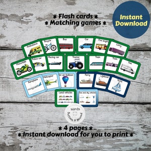 Cartões de transporte para impressão, cartões flash, correspondência de veículos, atividade educacional infantil, atividade infantil, cartões para download, jogo de pares