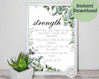 Wings like Eagles, Isaiah 40:31, Strength, Instant Download, Bible Verse, Botanical Print, Christian Art, Modern Art, Scripture Wall Art