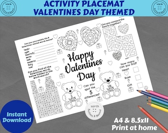 Valentines activity colouring placemat, printable coloring sheet, table decor, kids activity sheet, Valentines day, Valentines activity