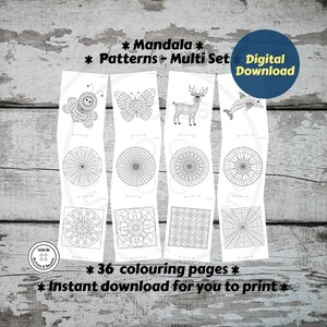 Può includere: Un set di 36 pagine da colorare stampabili con motivi di mandala, animali e disegni geometrici. Il testo "Mandala - Patterns - Multi Set - Digital Download" è visibile nella parte superiore dell'immagine.