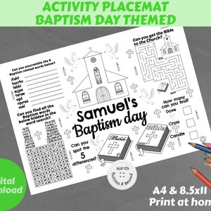 Personalised Baptism activity colouring placemat, printable coloring sheet, table decor, kids activity sheet, Childrens Baptism, Baptism