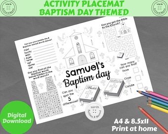 Personalised Baptism activity colouring placemat, printable coloring sheet, table decor, kids activity sheet, Childrens Baptism, Baptism