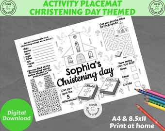 Personalised Christening activity colouring placemat, printable coloring sheet, table decor, kids activity sheet, Childrens christening