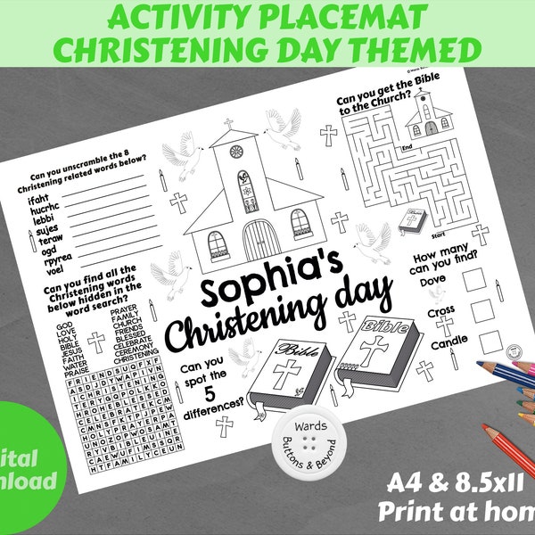 Personalised Christening activity colouring placemat, printable coloring sheet, table decor, kids activity sheet, Childrens christening