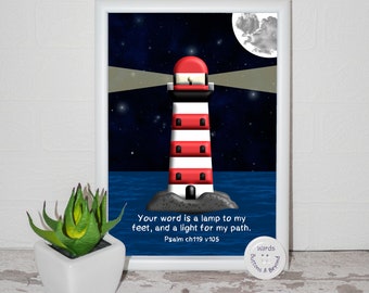 Lighthouse Print, Psalm 119, Bible verse print, Christian gift, Your word is a lamp to my feet and a light to my path, print,