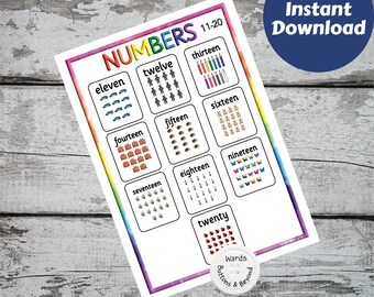 Numbers 11-20 Rainbow Print, Preschool print, Rainbow, Teacher Resources, Numbers Poster, Rainbow prints, Instant download, Numbers Print