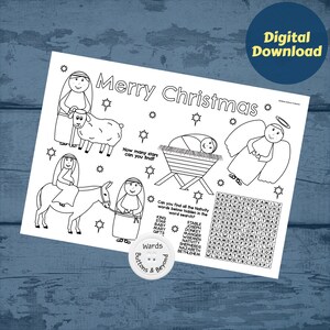 Kids Nativity activity colouring placemat, printable colouring sheet, xmas activity, activity sheet, Christmas, Nativity, coloring