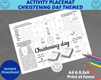 Christening activity colouring placemat, printable coloring sheet, table decor, kids activity sheet, Childrens Christening, Christening