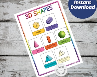 3D Shapes Rainbow Print, Preschool print, Rainbow, Teacher Resources, Shapes Poster, Rainbow prints, Instant download, Shapes Print,