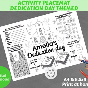 Personalised Dedication activity colouring placemat, printable coloring sheet, table decor, kids activity sheet, Childrens christening