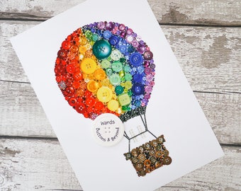 Hot Air Balloon Button Art PRINT On Satin Photo Paper. Rainbow, Embellishments, Sparkle, Bright.