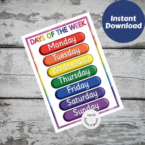 Days of the week Rainbow Print, Preschool print, Rainbow, Teacher Resources, Poster, Rainbow prints, Instant download, Educational resource