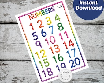 Numbers 1-20 Rainbow Print, Preschool print, Rainbow, Teacher Resources, Numbers Poster, Rainbow prints, Instant download, Numbers Print