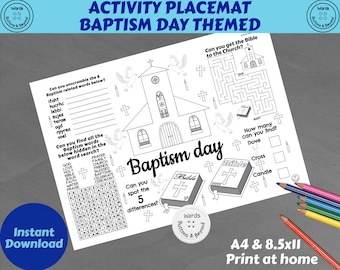 Baptism activity colouring placemat, printable coloring sheet, table decor, kids activity sheet, Childrens Christening, Baptism activity