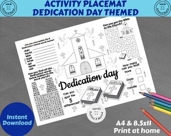 Dedication activity colouring placemat, printable coloring sheet, table decor, kids activity sheet, Childrens Christening, Baptism activity