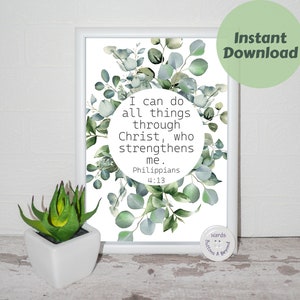 I can do all things, Philippians 4:13, Instant Download, Bible Verse, Botanical Print, Christian Art, Modern Art, Scripture Wall Art