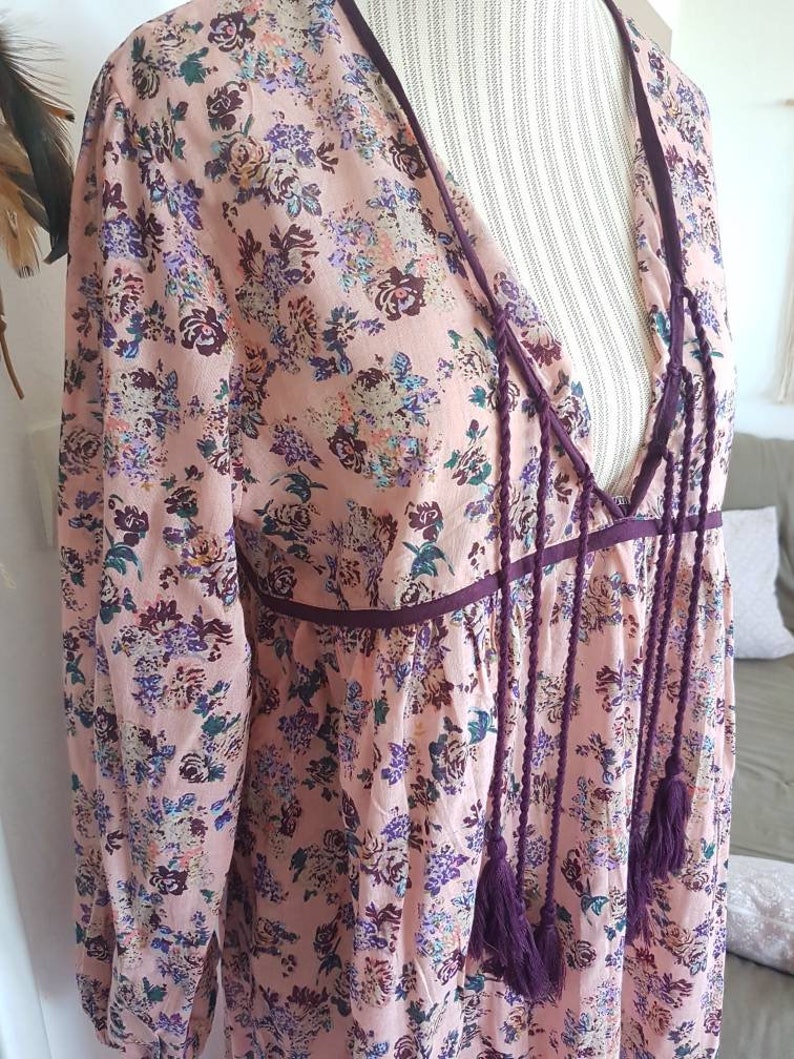 Boho chic style Hippie dress floral flowers romantic dress PomPoms dress Indian cotton gauze dress summer dress women Beach dress flowers
