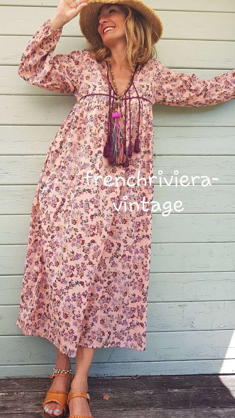 Boho chic style Hippie dress floral flowers romantic dress PomPoms dress Indian cotton gauze dress summer dress women Beach dress flowers
