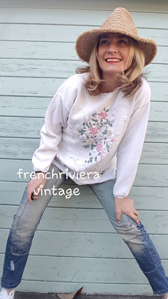 Vintage sweater cotton pull boho sweater embroider