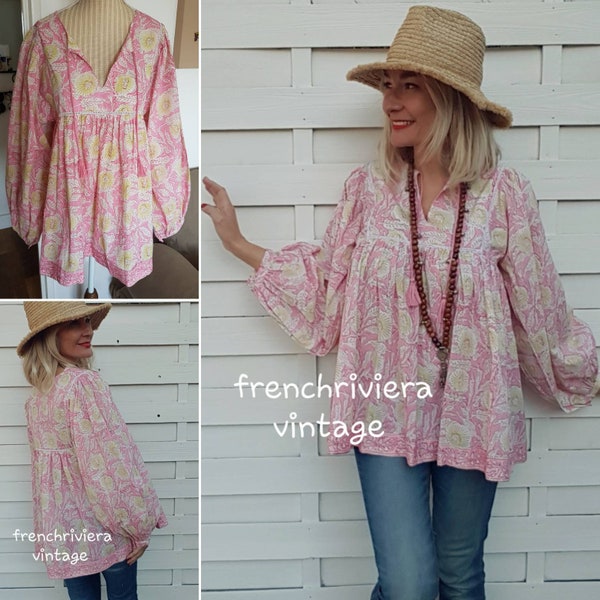 Blouse boho flowers blouse style hippie flowers blouse boho pompoms shirt boho blouse cotton blouse flowers pink blouse Size S