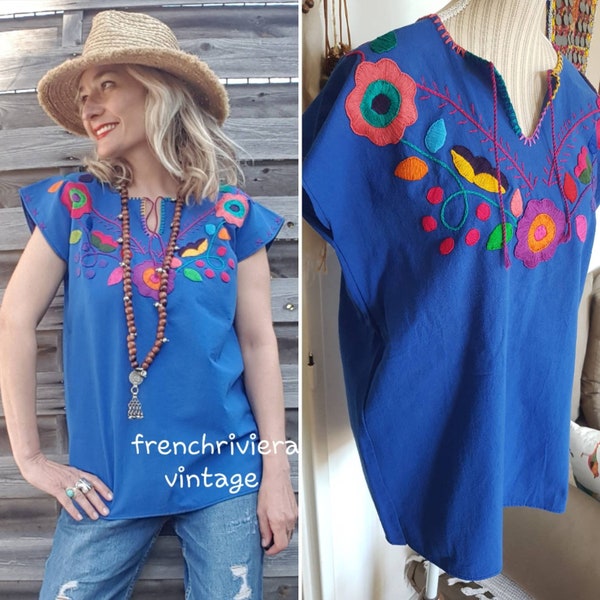 Blouse coton bleu blouse mexicaine top Brodé main top bleu tee shirt de coton du Mexique blouse bohème fleurs blouse ethnique fleurs