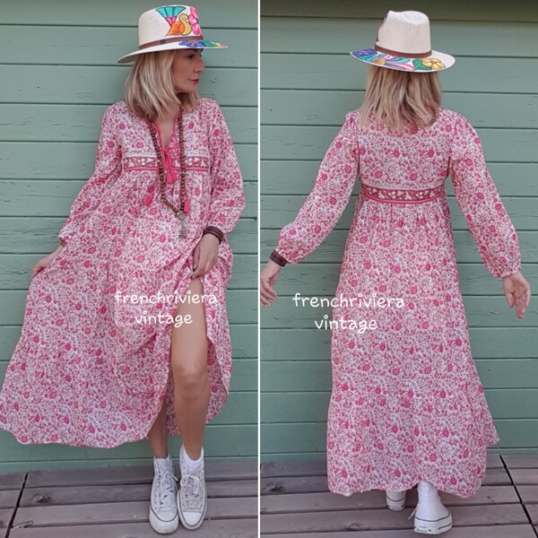 Robe longue bohème fleurs robe style hippie robe fleurs robe voile de coton robe pompons bohème fleurs robe taille S/M