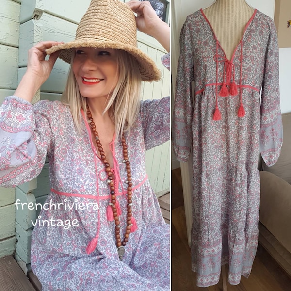 Robe longue bohème robe longue style hippie robe fleurs robe voile de coton indien robe pompons robe été robe ethnique fleurs Taille M