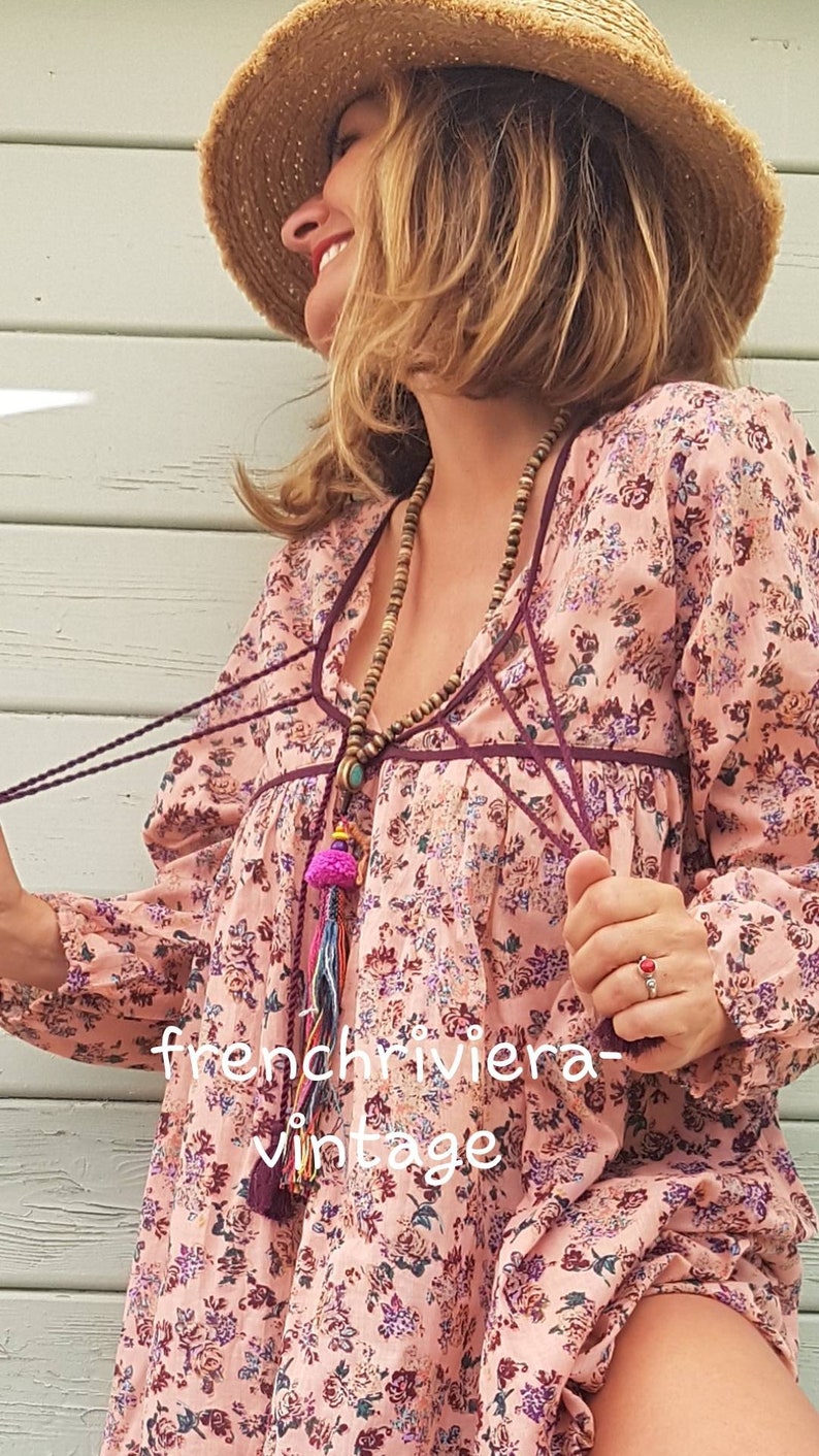 Boho chic style Hippie dress floral flowers romantic dress PomPoms dress Indian cotton gauze dress summer dress women Beach dress flowers
