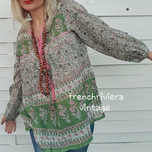 Boho flower blouse light hippie style blouse boho pompom blouse green blouse cotton blouse Size S/M indi cotton voile shirt