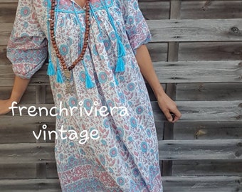Long boho chic dress hippie style long dress Indian cotton veil summer dress feminine dress pompom dress beach dress ethnic dress flowers