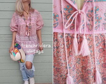 Blouse bohème fleurs blouse bohème légère style hippie blouse voile de coton chemise fleurs bohème chemisier pompons blouse rose blouse XXXL