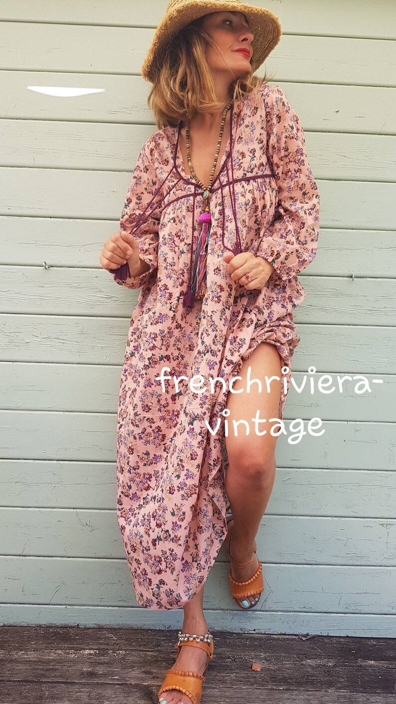 Boho chic style Hippie dress floral flowers romantic dress PomPoms dress Indian cotton gauze dress summer dress women Beach dress flowers