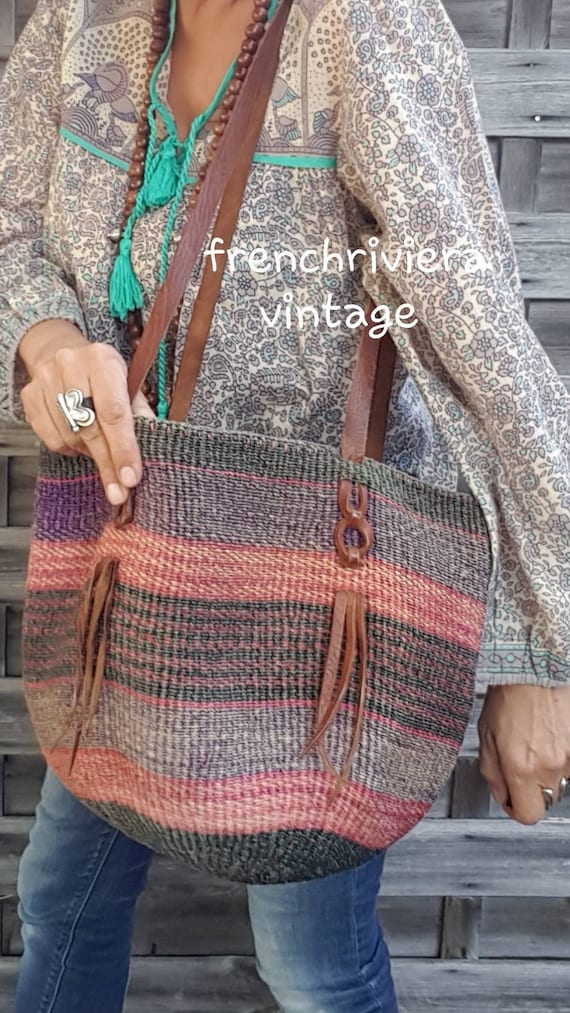 Bag sisal vintage bag shoulder bag boho bag tote any bag runs bag charm leather bag and sisal natural bag shoulder bag cabas old