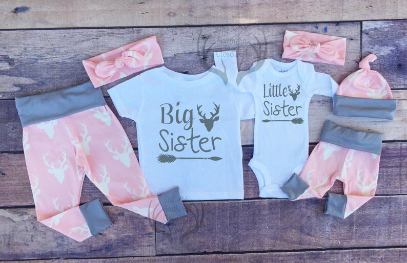 Baby Girl Coming Home Outfit Set,Country Outfits Gils Pink Deer,Sister,Pink,Gray Girls Deer Outfits, Big Sister Little Sister Outfits