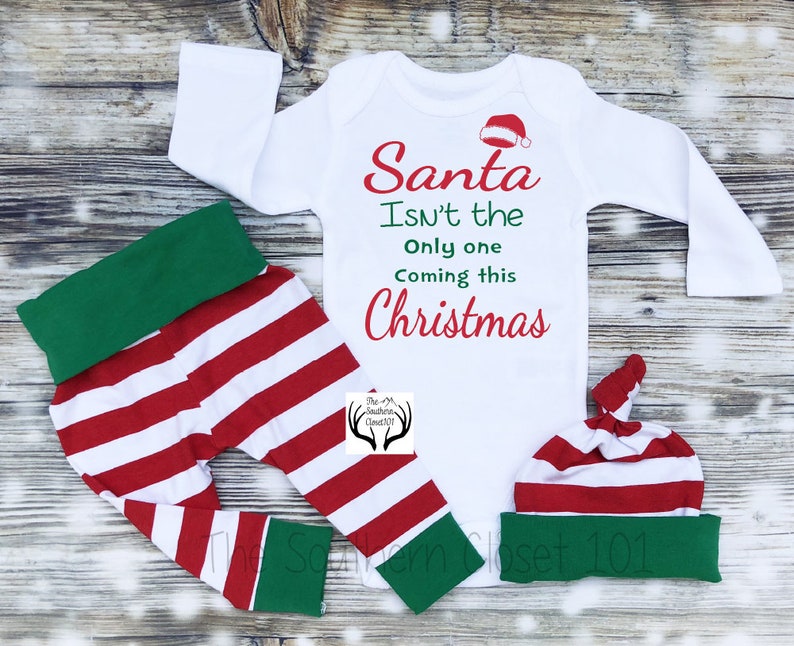 Baby Boys Christmas Outfit,Santa isn\u2019t the only one coming,Pregnancy Announcement,Christmas,Baby Christmas,Boys Coming Home Outfit,Stripes