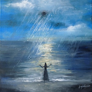 May include: A painting of a woman standing on a beach with her arms outstretched towards the sky. The sky is a deep blue with white clouds and a light blue rain falling. The sea is a dark blue with white waves.