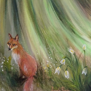 Puede incluir: Pintura al &oacute;leo de un zorro con pelaje rojizo-anaranjado, sentado en una zona herbosa con flores blancas. El fondo presenta pinceladas verticales verdes y marrones, y el sitio web "Magicpaintings.com" es visible.